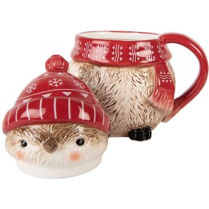 Clayre & Eef Mug Céramique 500ml Rouge Beige avec Couvercle