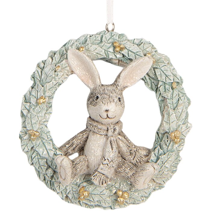 Clayre & Eef Décoration Suspendue Lapin 8x3x8 cm Gris Vert