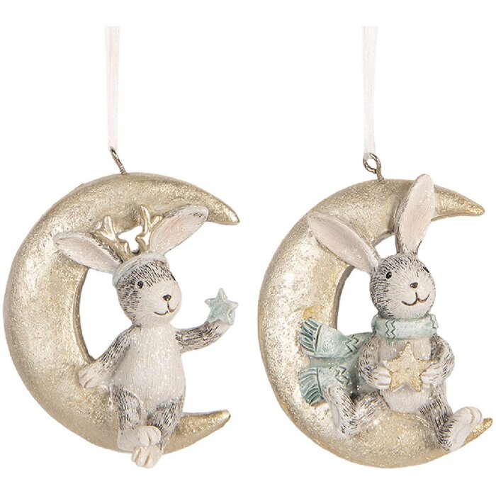 Clayre & Eef 6PR5890 Décorations Suspendues Lapin (Set de 2) Gris et Doré