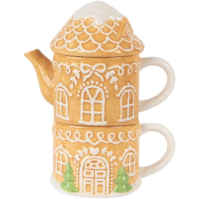 Théière avec mug Clayre & Eef, céramique marron blanc
