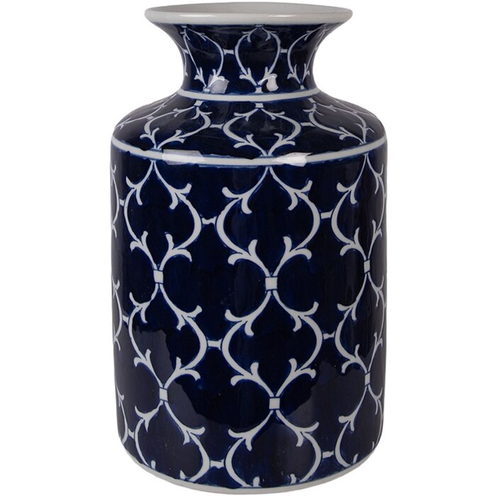 Vase en céramique oriental bleu profond avec décor blanc, Ø 19x31 cm