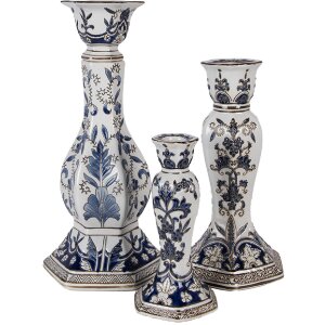 Bougeoir Clayre & Eef Ø 15x28 cm Blanc-bleu Porcelaine