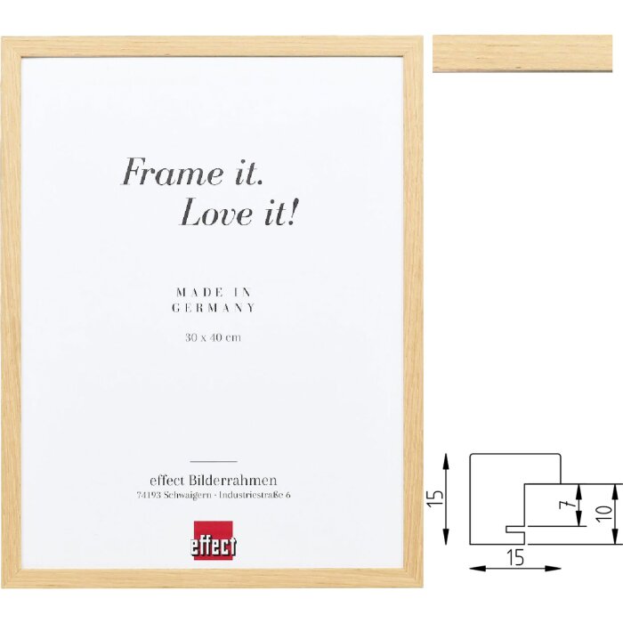 Cadre photo en bois profil 70 chêne – verre muséal disponible