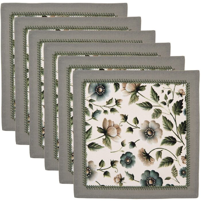 Serviettes en coton Clayre & Eef, 6 pièces, 40x40 cm, motif floral beige vert