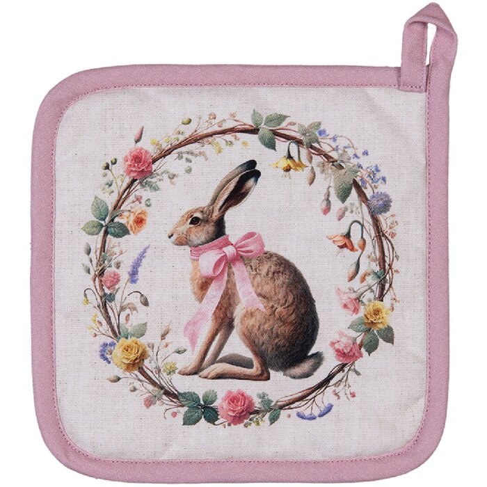 Torchon en coton Clayre & Eef – Lapin avec couronne de fleurs 20x20 cm