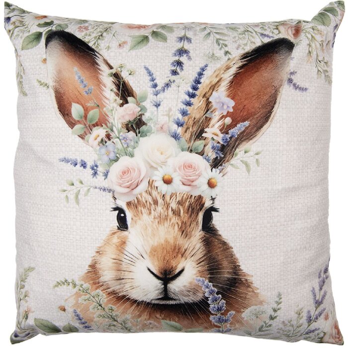 Housse de coussin 45x45 cm, lapin avec couronne de fleurs, polyester
