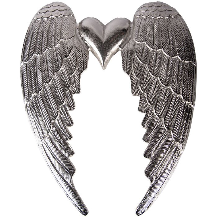 Décoration murale à ailes dange avec cœur en aluminium argenté 46 cm