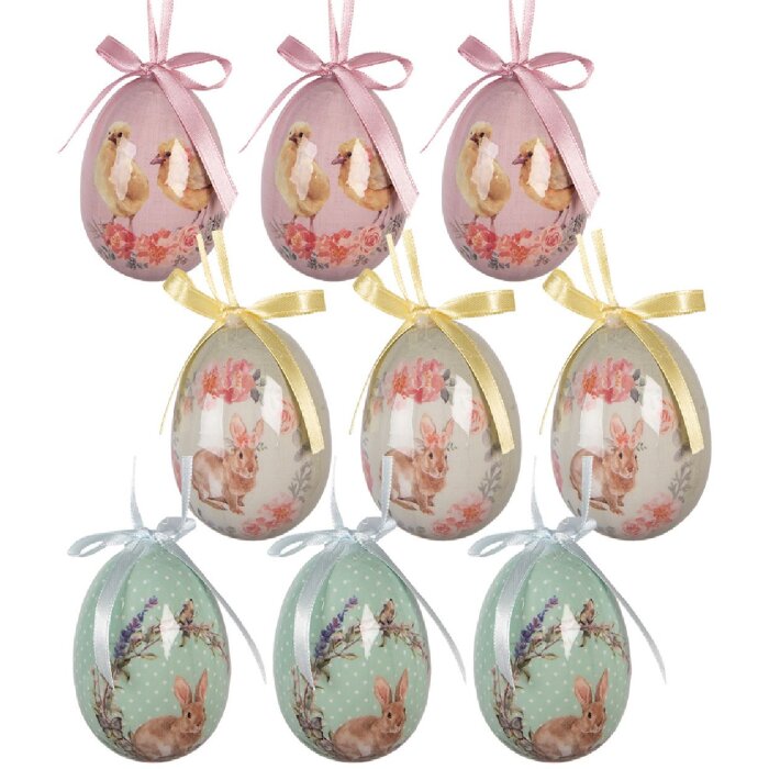 Décoration suspendue œuf – Set de 9 pièces, vert & rose, Ø 5x8 cm
