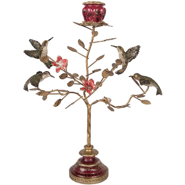 Bougeoir Oiseaux Clayre & Eef – Doré & Rouge 27x17x38 cm