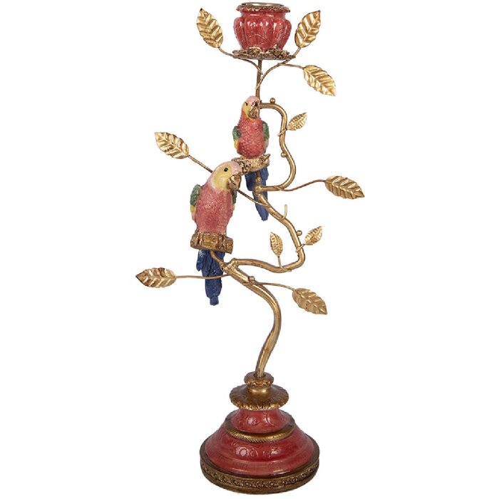 Support à bougies Clayre & Eef Oiseaux Doré Rouge 16x9x33 cm