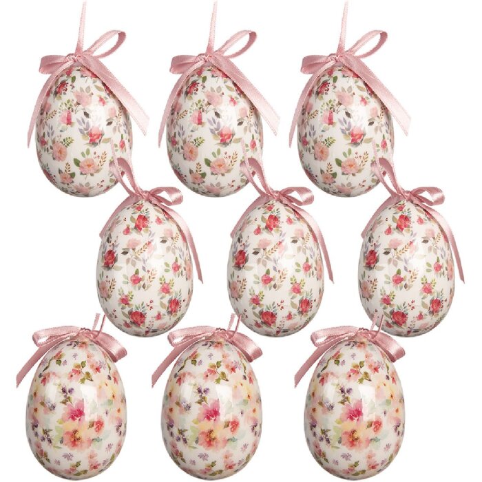 Décoration suspendue œufs blancs et roses – Set de 9 pièces Ø 5x8 cm