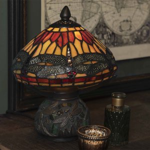 LumiLamp 5LL-9295 Lampe de table Tiffany Ø 22x21 cm Marron Rouge Verre Libellule