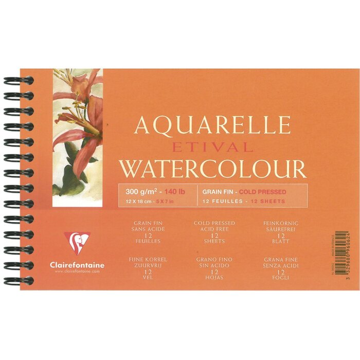 Papier aquarelle à grain fin ETIVAL cellulose, 12x18cm, 12 feuilles, 300g blanc